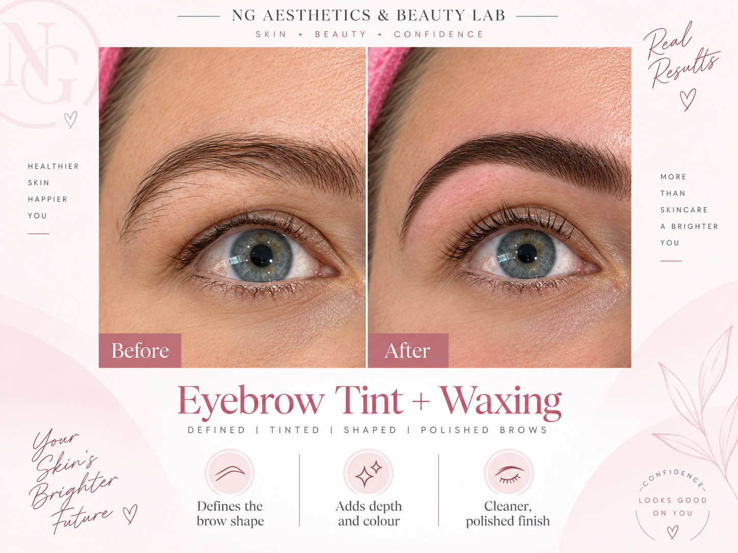 Eyebrow Tint + Waxing treatment artwork with side-by-side before and after panels