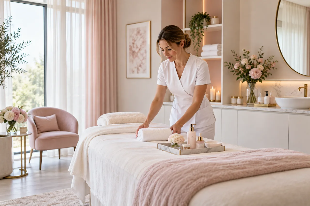Illustrative blush and white salon with a therapist preparing a treatment room
